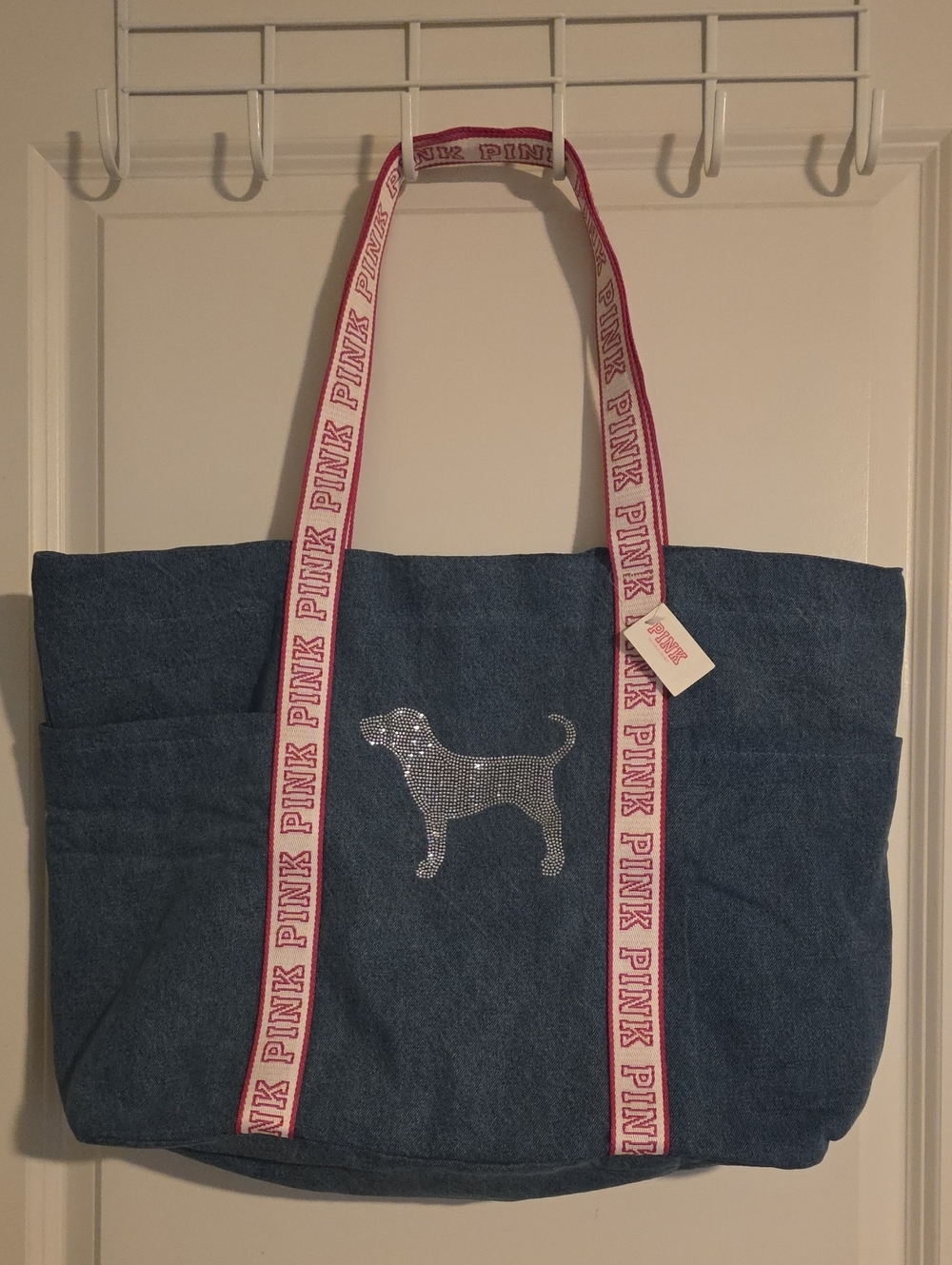 NWT PINK Victoria's Secret Denim Tote with Rhinestone Dog and Pink Logo Straps